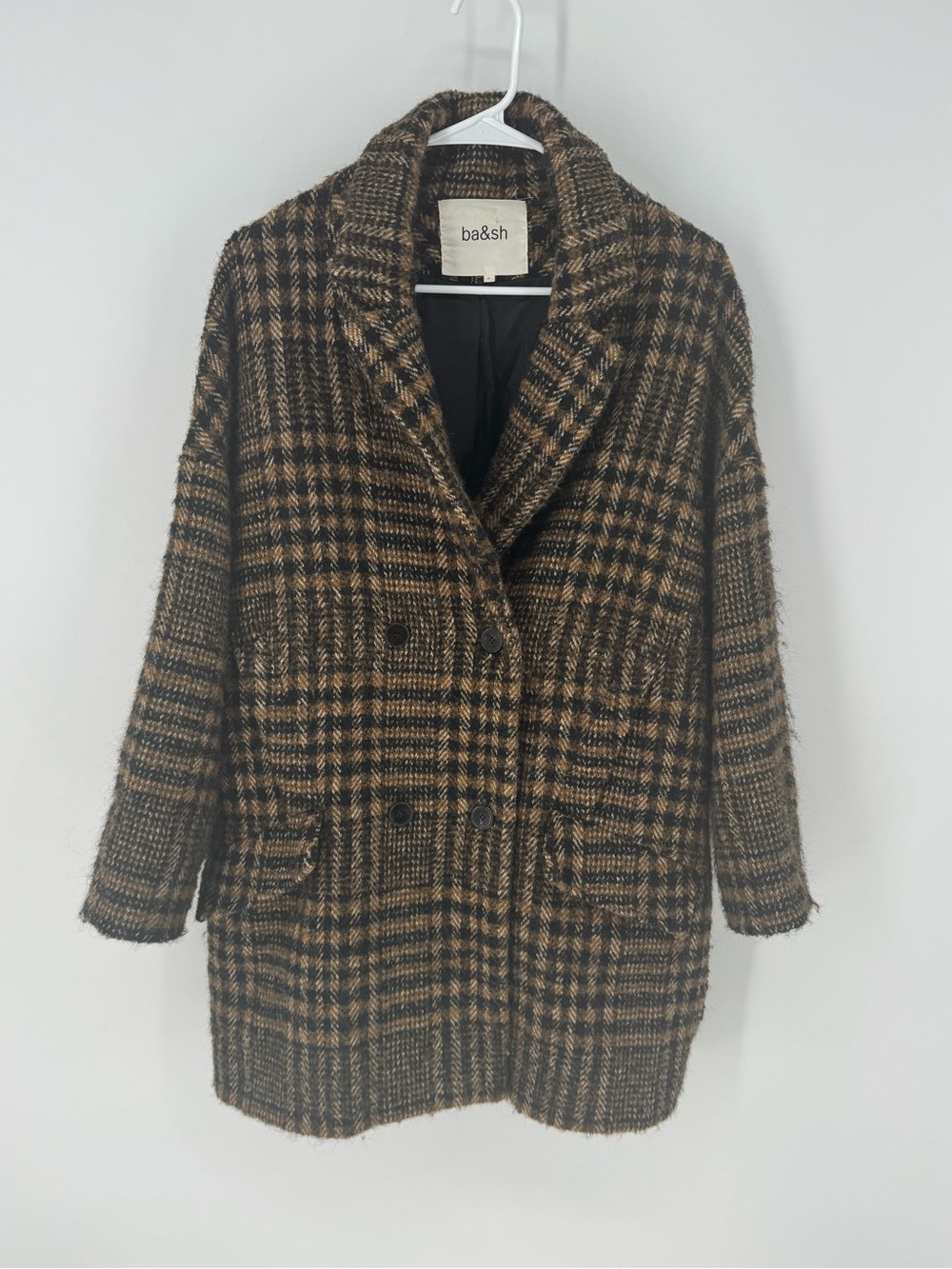 ba&sh Brown Plaid Double-Breasted Pea Coat